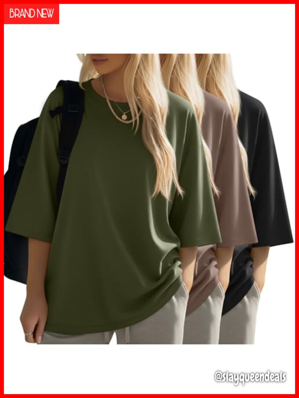 Ficerd 3 Pack Women 3/4 Sleeve Oversized Cotton Blend T-Shirts Loose Fit